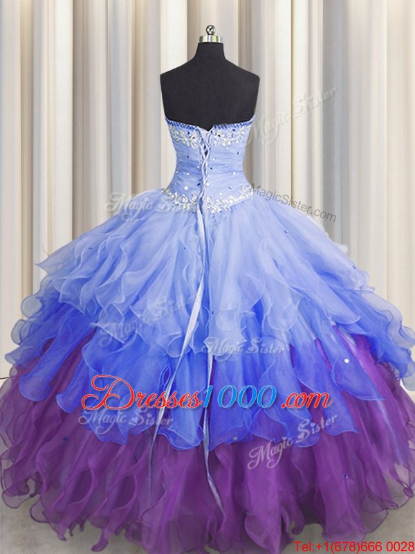 Cute Floor Length Multi-color 15th Birthday Dress Organza Sleeveless Beading and Ruffles and Ruffled Layers and Sequins