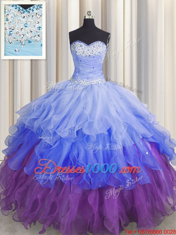 Cute Floor Length Multi-color 15th Birthday Dress Organza Sleeveless Beading and Ruffles and Ruffled Layers and Sequins