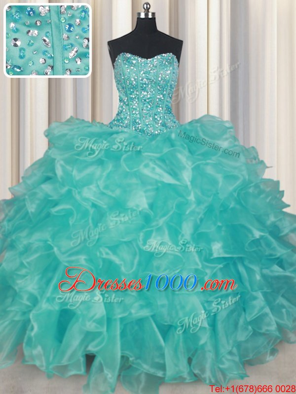 Sweetheart Sleeveless Organza Quince Ball Gowns Beading and Ruffles Lace Up