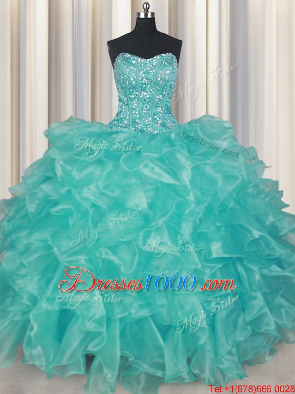 Sweetheart Sleeveless Organza Quince Ball Gowns Beading and Ruffles Lace Up