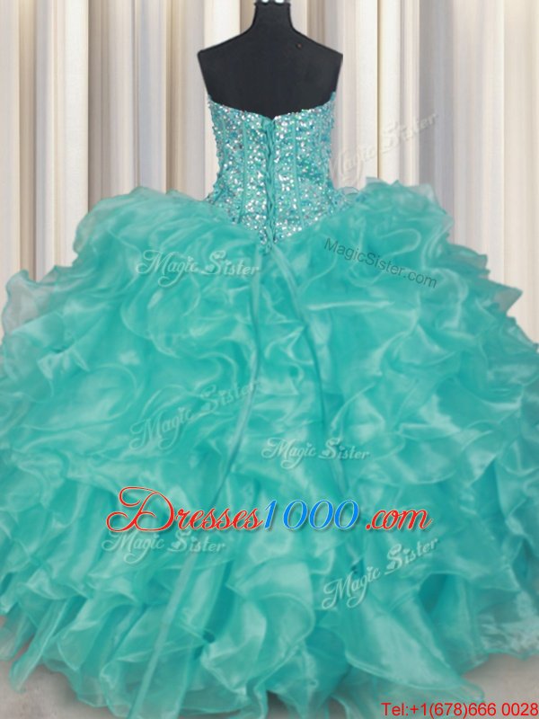 Sweetheart Sleeveless Organza Quince Ball Gowns Beading and Ruffles Lace Up