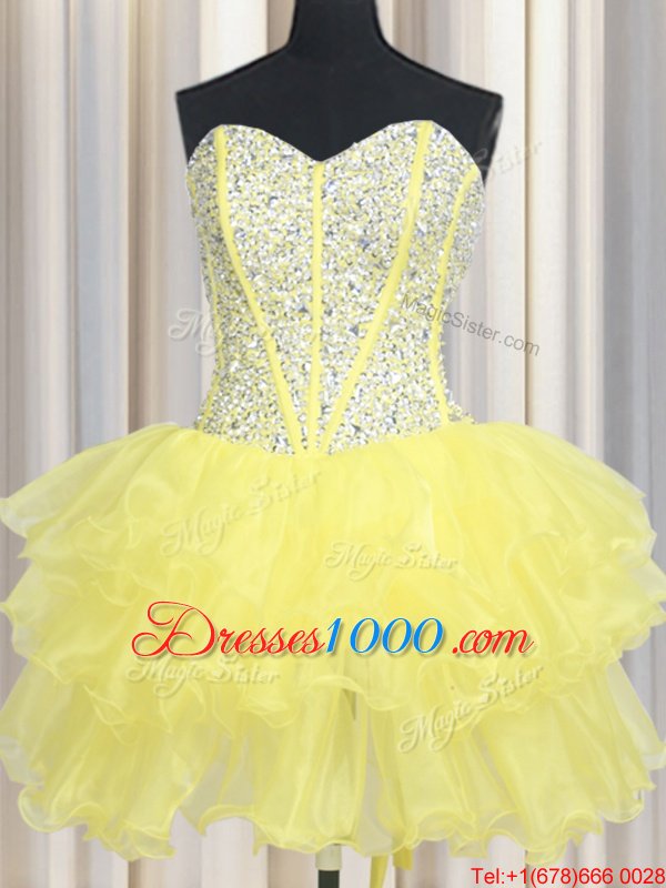 Three Piece Yellow Ball Gowns Organza Sweetheart Sleeveless Beading and Ruffles Floor Length Lace Up Quince Ball Gowns