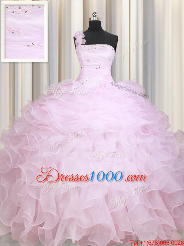 Admirable Baby Pink Ball Gowns One Shoulder Sleeveless Organza Floor Length Zipper Beading and Ruffles Sweet 16 Quinceanera Dress