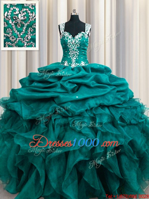 Pretty Straps Straps Teal Sleeveless Beading and Ruffles and Pick Ups Floor Length Sweet 16 Dress