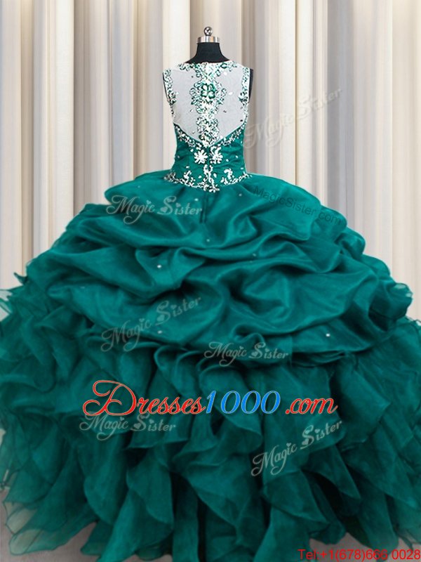 Pretty Straps Straps Teal Sleeveless Beading and Ruffles and Pick Ups Floor Length Sweet 16 Dress