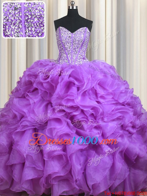 Sumptuous Beading and Ruffles 15th Birthday Dress Lilac Lace Up Sleeveless Sweep Train