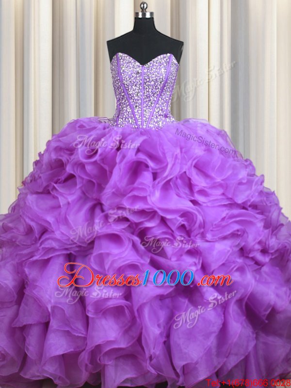 Sumptuous Beading and Ruffles 15th Birthday Dress Lilac Lace Up Sleeveless Sweep Train