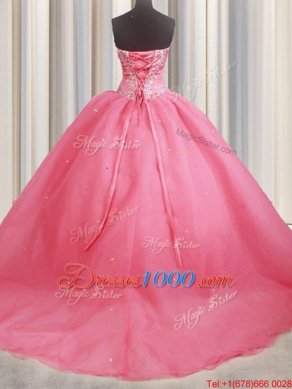 Best Watermelon Red Sleeveless Organza Brush Train Lace Up Sweet 16 Quinceanera Dress for Military Ball and Sweet 16 and Quinceanera