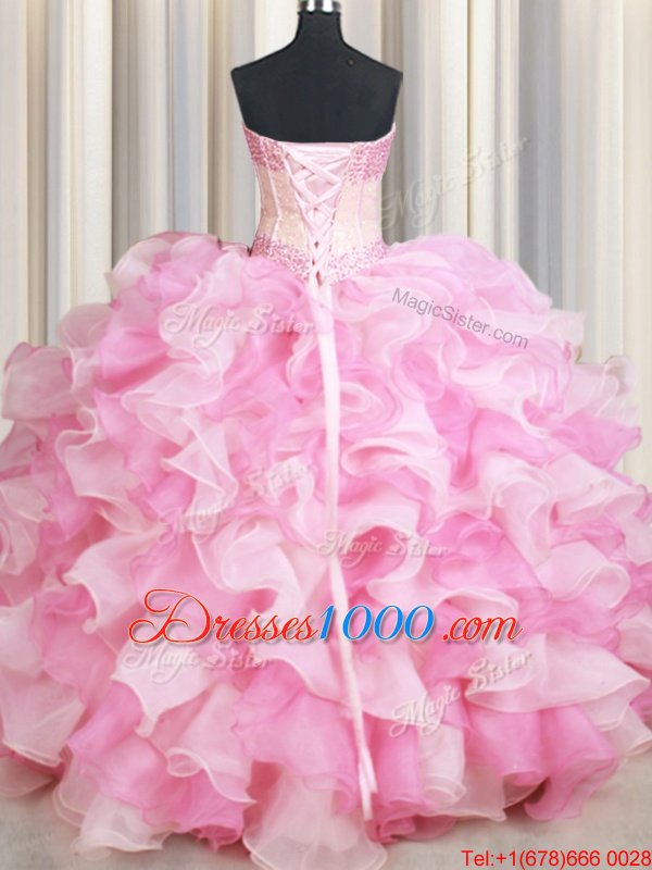 Sweetheart Sleeveless Lace Up Sweet 16 Quinceanera Dress Pink And White Organza