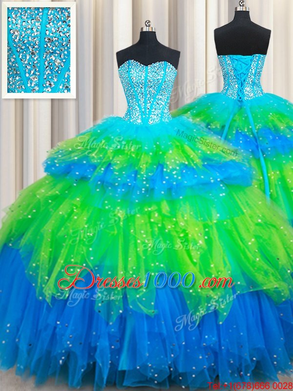 Custom Design Three Piece Multi-color Ball Gowns Beading and Ruffled Layers Quinceanera Gowns Lace Up Tulle Sleeveless Floor Length