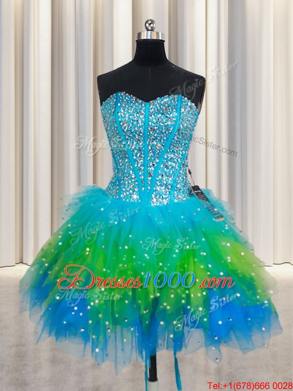 Custom Design Three Piece Multi-color Ball Gowns Beading and Ruffled Layers Quinceanera Gowns Lace Up Tulle Sleeveless Floor Length