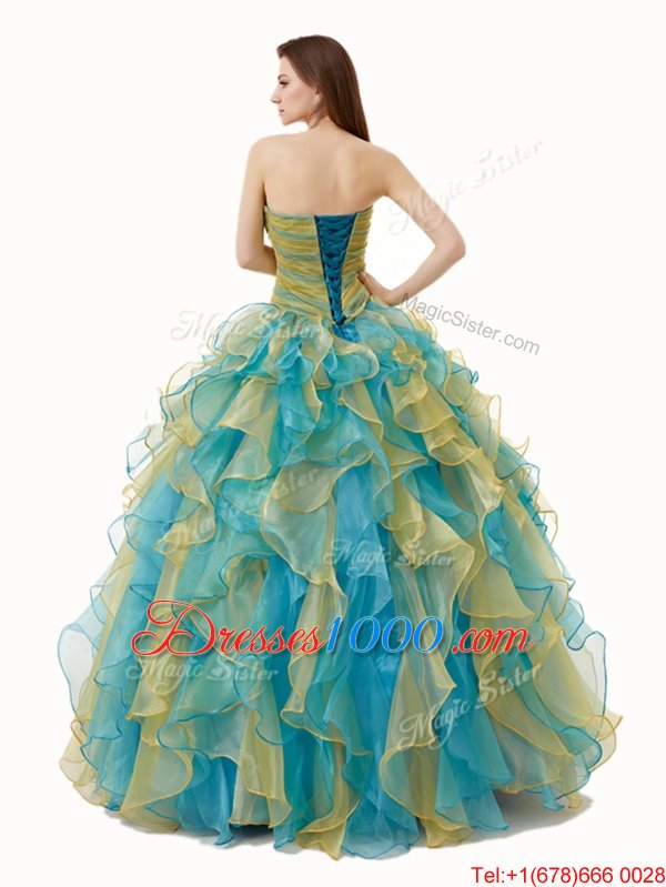 On Sale Floor Length Lace Up Quince Ball Gowns Multi-color and In for Military Ball and Sweet 16 and Quinceanera with Beading and Ruffles and Ruching