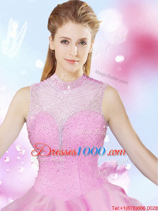 Perfect Rose Pink Tulle Lace Up High-neck Sleeveless Floor Length Sweet 16 Dress Beading and Ruffles