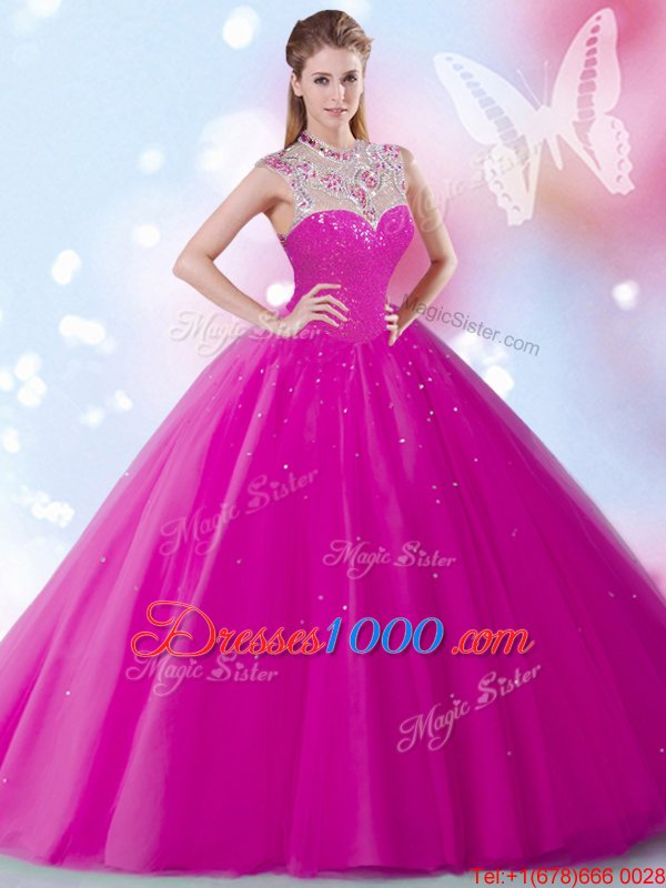 Scoop Beading and Sequins Ball Gown Prom Dress Fuchsia Zipper Sleeveless Floor Length