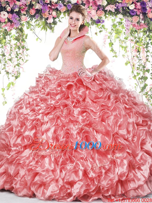 High-neck Sleeveless Organza 15th Birthday Dress Beading and Ruffles Backless