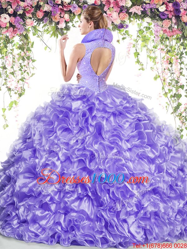 High-neck Sleeveless Organza 15th Birthday Dress Beading and Ruffles Backless