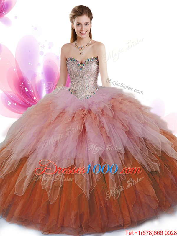 Attractive Tulle Sweetheart Sleeveless Lace Up Beading and Ruffles Sweet 16 Dress in Multi-color