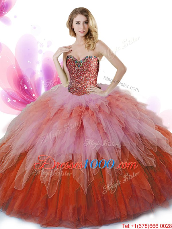 Attractive Tulle Sweetheart Sleeveless Lace Up Beading and Ruffles Sweet 16 Dress in Multi-color