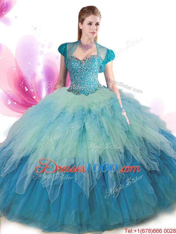 Attractive Tulle Sweetheart Sleeveless Lace Up Beading and Ruffles Sweet 16 Dress in Multi-color