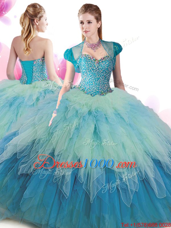 Attractive Tulle Sweetheart Sleeveless Lace Up Beading and Ruffles Sweet 16 Dress in Multi-color