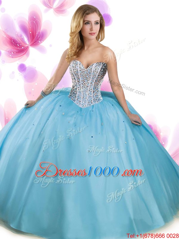 Aqua Blue Quinceanera Gowns Military Ball and Sweet 16 and Quinceanera and For with Beading Sweetheart Sleeveless Lace Up