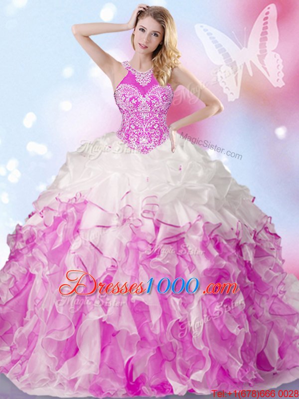 Stunning Multi-color Ball Gowns Organza Halter Top Sleeveless Beading and Ruffles and Pick Ups Floor Length Lace Up Sweet 16 Dress