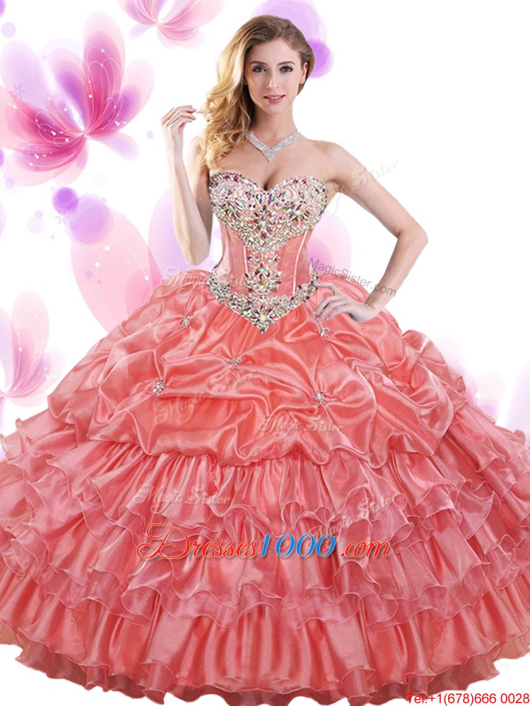 Watermelon Red Sleeveless Floor Length Beading and Ruffled Layers and Pick Ups Lace Up Quinceanera Gown