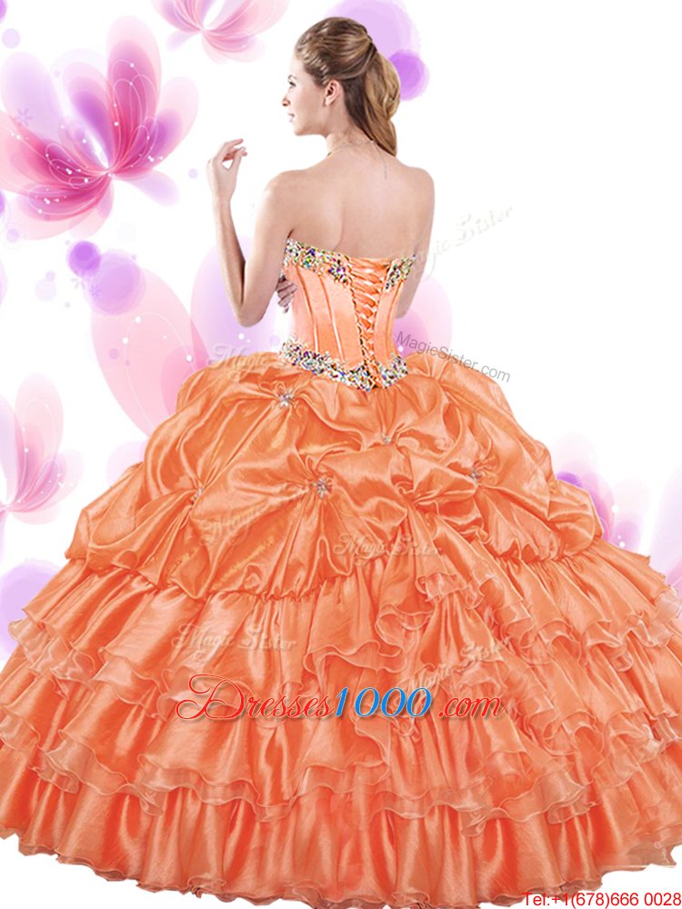 Watermelon Red Sleeveless Floor Length Beading and Ruffled Layers and Pick Ups Lace Up Quinceanera Gown