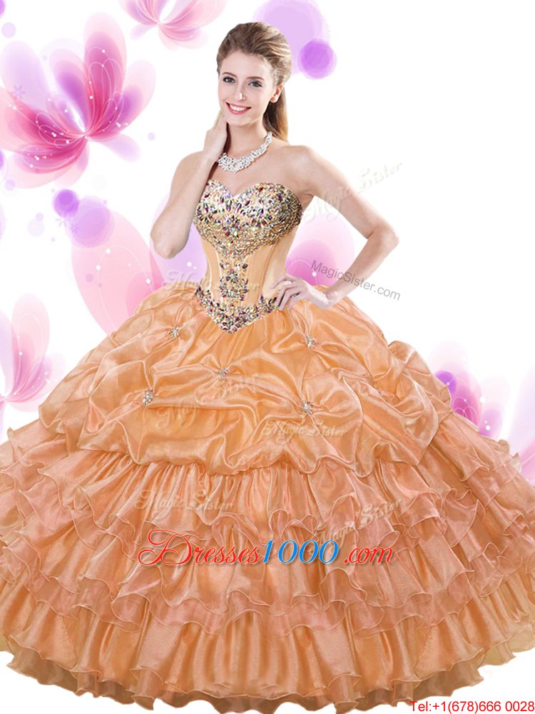 Watermelon Red Sleeveless Floor Length Beading and Ruffled Layers and Pick Ups Lace Up Quinceanera Gown