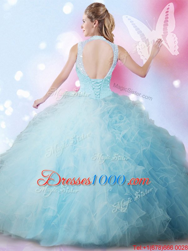 Admirable Sleeveless Floor Length Beading and Ruffles Lace Up 15 Quinceanera Dress with Baby Blue