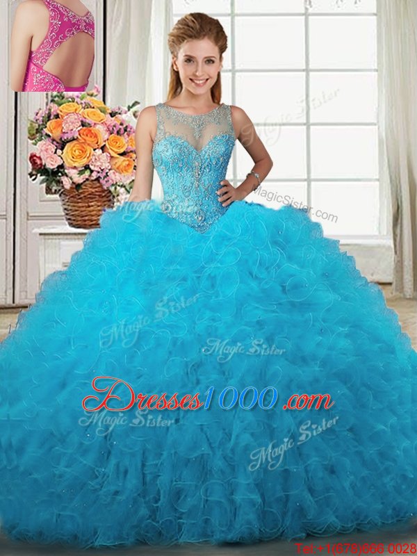 Four Piece Scoop Baby Blue Tulle Lace Up Quince Ball Gowns Sleeveless Floor Length Beading and Ruffles
