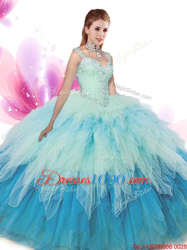 Super Multi-color Sleeveless Floor Length Beading and Ruffles Zipper Sweet 16 Dresses
