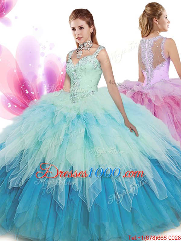 Super Multi-color Sleeveless Floor Length Beading and Ruffles Zipper Sweet 16 Dresses
