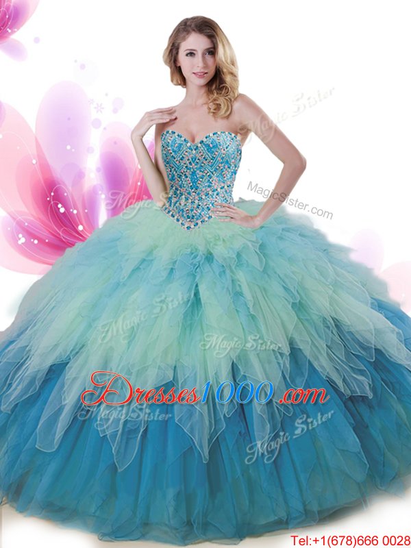 Floor Length Multi-color Vestidos de Quinceanera Tulle Sleeveless Beading and Ruffles
