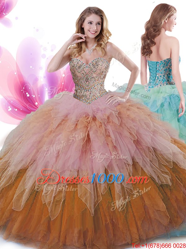 Floor Length Multi-color Vestidos de Quinceanera Tulle Sleeveless Beading and Ruffles