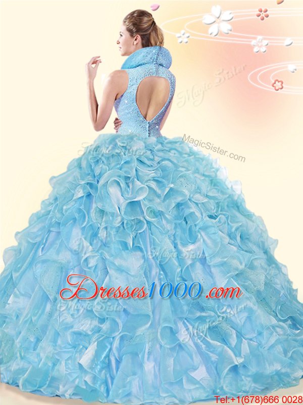 Pink Ball Gowns Organza High-neck Sleeveless Beading and Ruffles Backless Sweet 16 Quinceanera Dress Brush Train