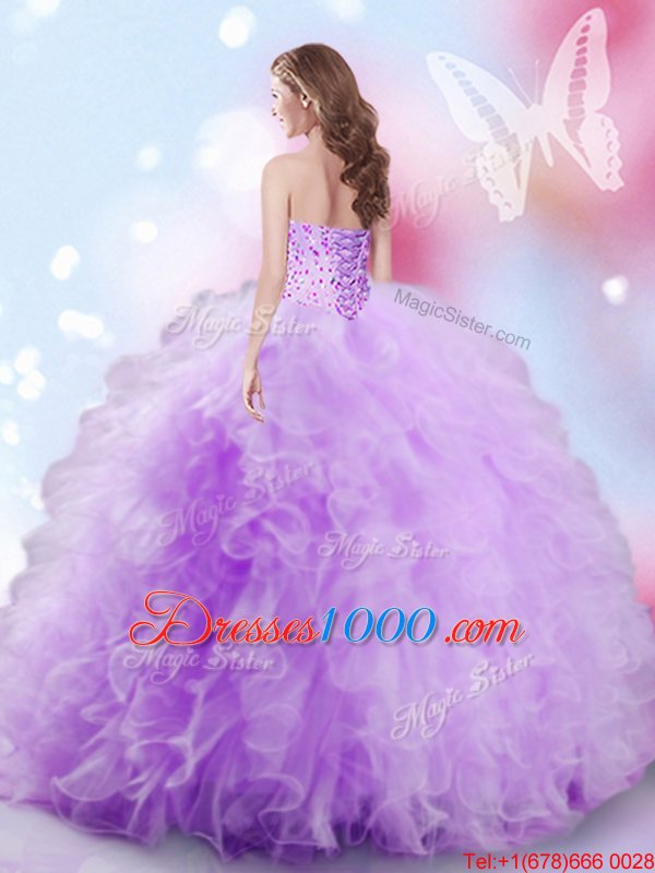 Dazzling Tulle Sweetheart Sleeveless Lace Up Beading and Ruffles Sweet 16 Quinceanera Dress in Lavender