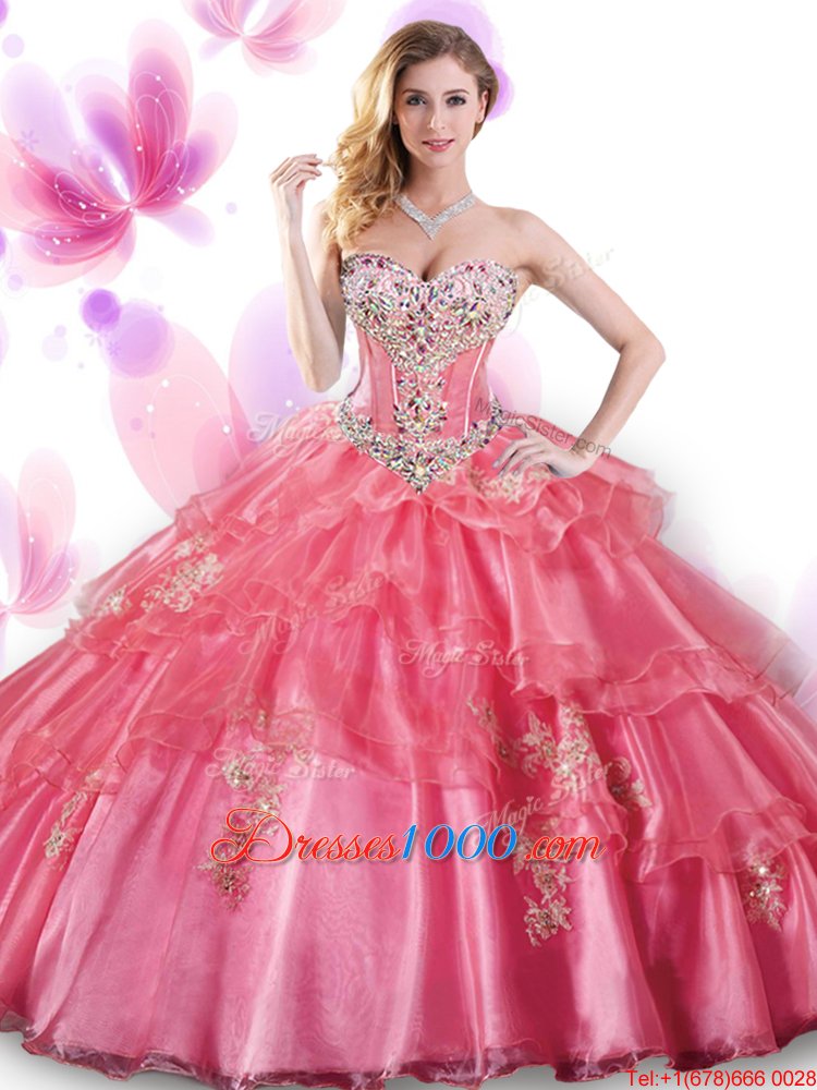 Trendy Coral Red Organza Lace Up Sweetheart Sleeveless Floor Length Quinceanera Dresses Beading and Appliques