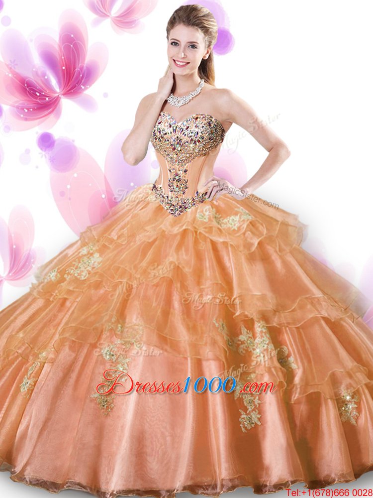 Trendy Coral Red Organza Lace Up Sweetheart Sleeveless Floor Length Quinceanera Dresses Beading and Appliques