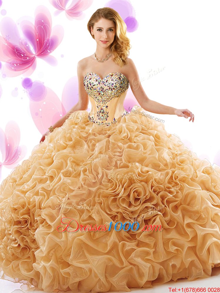 Fantastic Organza Sweetheart Sleeveless Court Train Lace Up Beading and Ruffles Ball Gown Prom Dress in Champagne