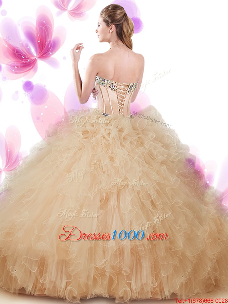 Floor Length Peach Quinceanera Gowns Sweetheart Sleeveless Lace Up