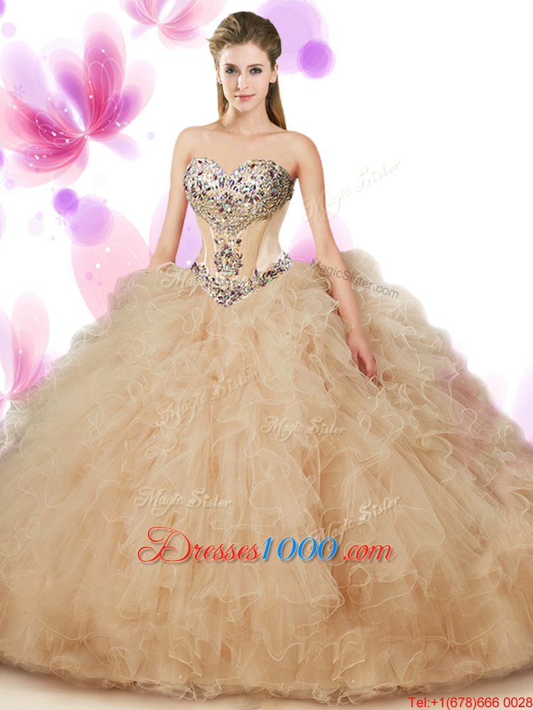 Floor Length Peach Quinceanera Gowns Sweetheart Sleeveless Lace Up