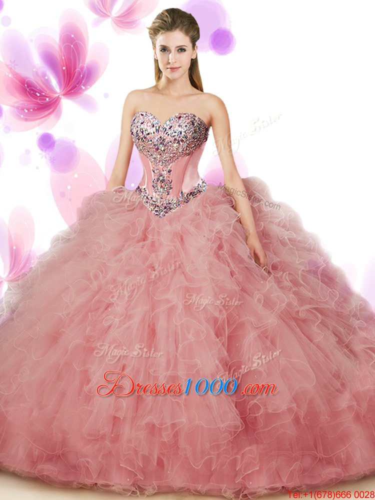 Floor Length Peach Quinceanera Gowns Sweetheart Sleeveless Lace Up