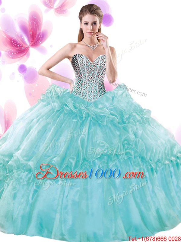 Turquoise Organza Lace Up Quinceanera Gowns Sleeveless Floor Length Beading and Pick Ups