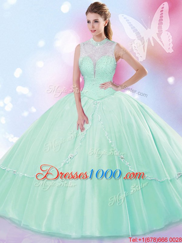 Traditional Peach High-neck Lace Up Beading and Ruffles Vestidos de Quinceanera Sleeveless