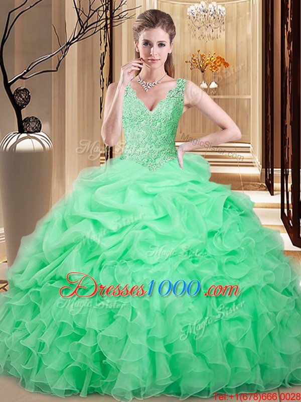 Decent V-neck Sleeveless Organza 15 Quinceanera Dress Lace and Appliques and Pick Ups Backless