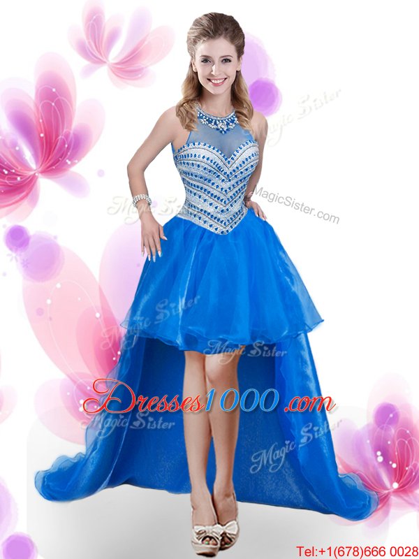 Four Piece Royal Blue Organza Zipper Quinceanera Dresses Sleeveless Floor Length Beading and Pick Ups