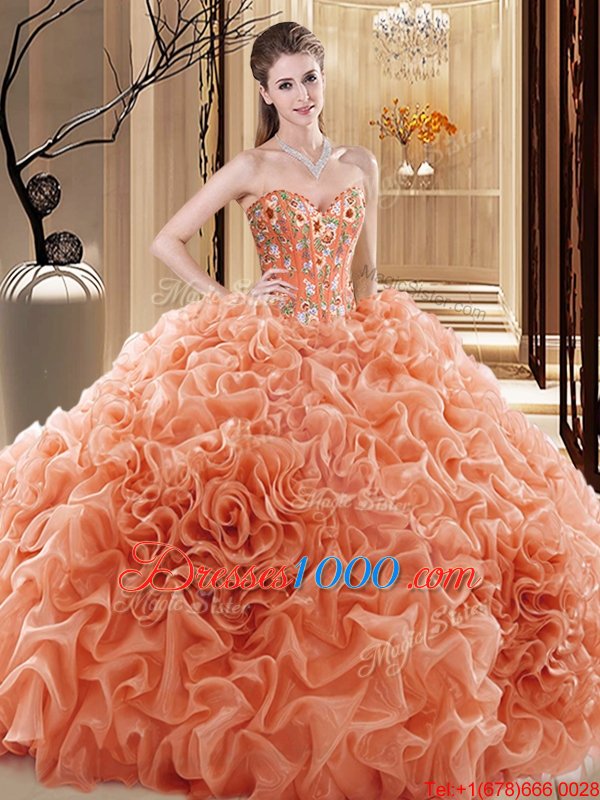 Sweetheart Sleeveless Fabric With Rolling Flowers Ball Gown Prom Dress Embroidery and Ruffles and Pick Ups Lace Up