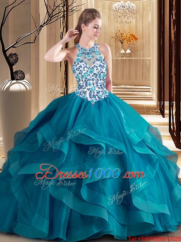 Simple Scoop Teal Sleeveless Brush Train Embroidery and Ruffles Quinceanera Gown