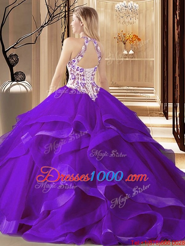 Simple Scoop Teal Sleeveless Brush Train Embroidery and Ruffles Quinceanera Gown